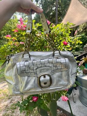 Coach Metallic Silver Woven Accent Shoulder Bag